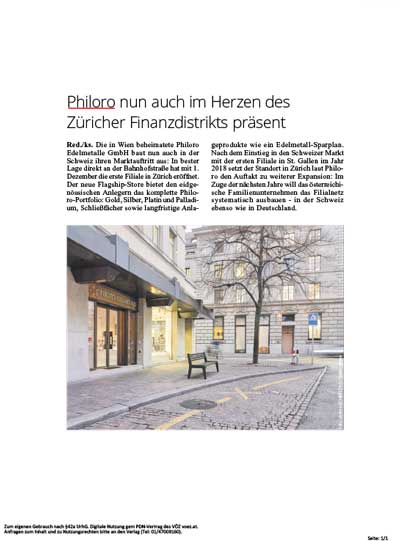 philoro nun auch im Herzen des Züricher Finanzdistrikts präsent