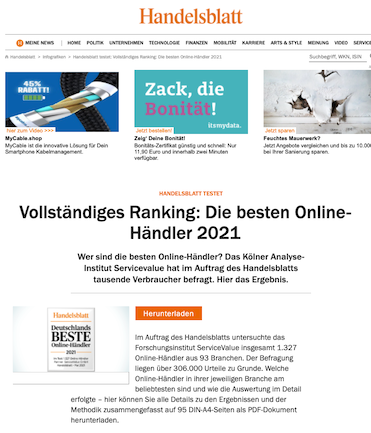 Handelsblatt - Beste Onlinehaendler 2021