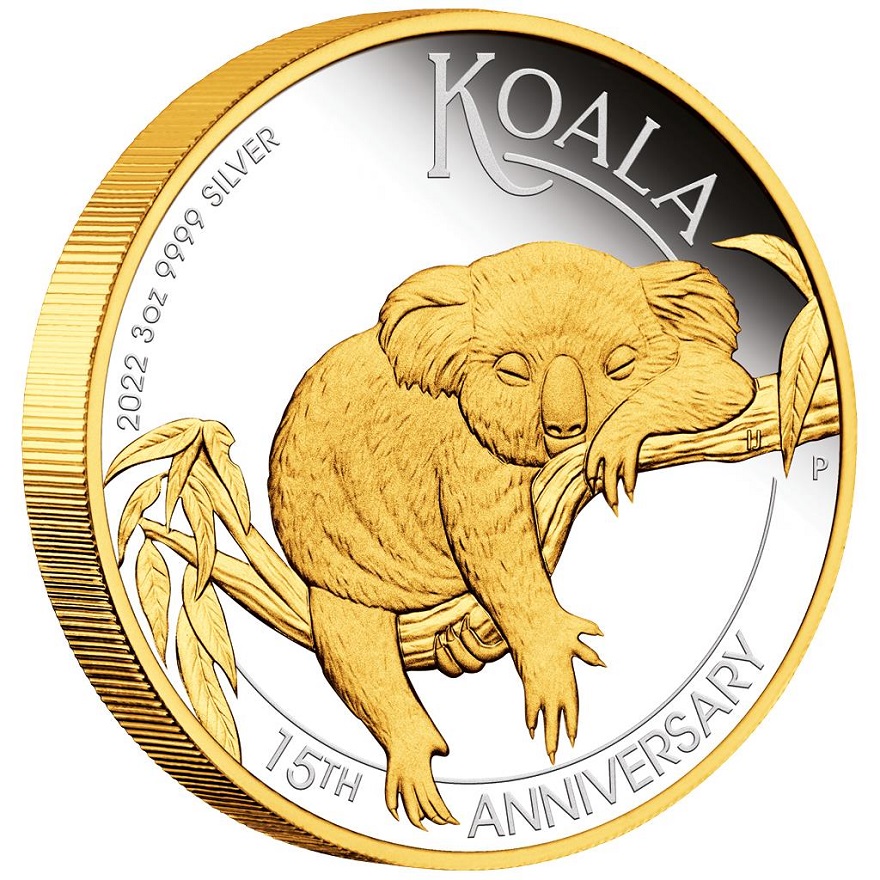 Silber Koala 3 oz PP 15. Jubiläum Teilvergoldet 2022
