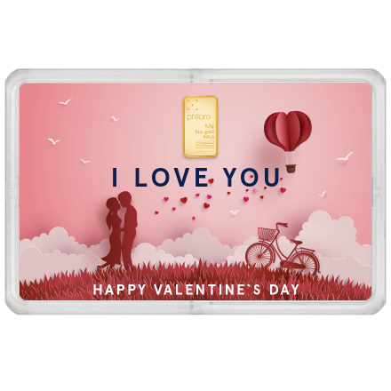 Goldbarren 0,5 g - philoro Geschenkkarte Valentinstag "I LOVE YOU"